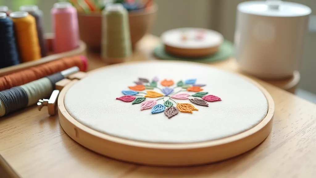 Cross-stitch workshop materials and finished samples