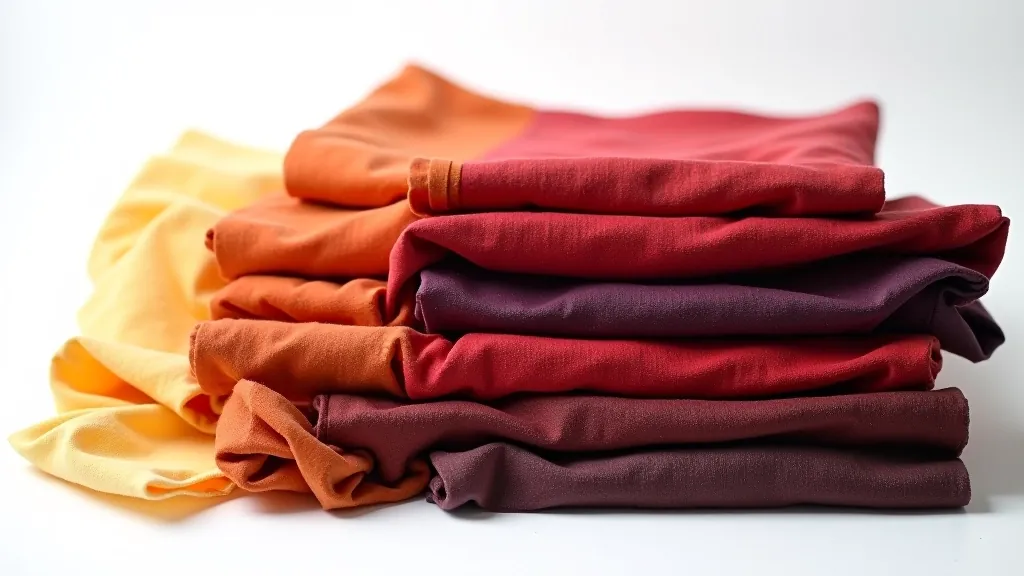 Array of finished dyed fabric samples showing range of colors from soft yellows to deep reds and browns
