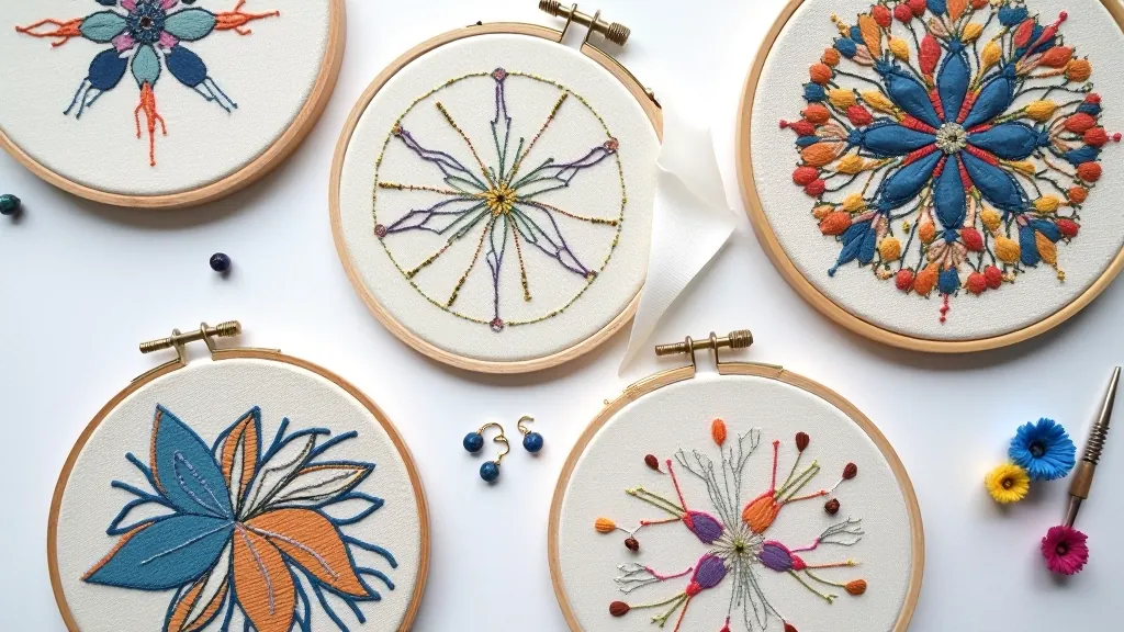 Modern embroidery design samples with mixed materials